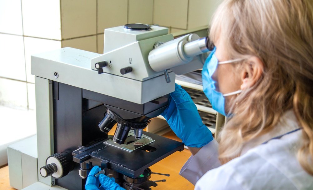 Embriologo al microscopio in laboratorio durante una procedura di fecondazione in vitro FIVET