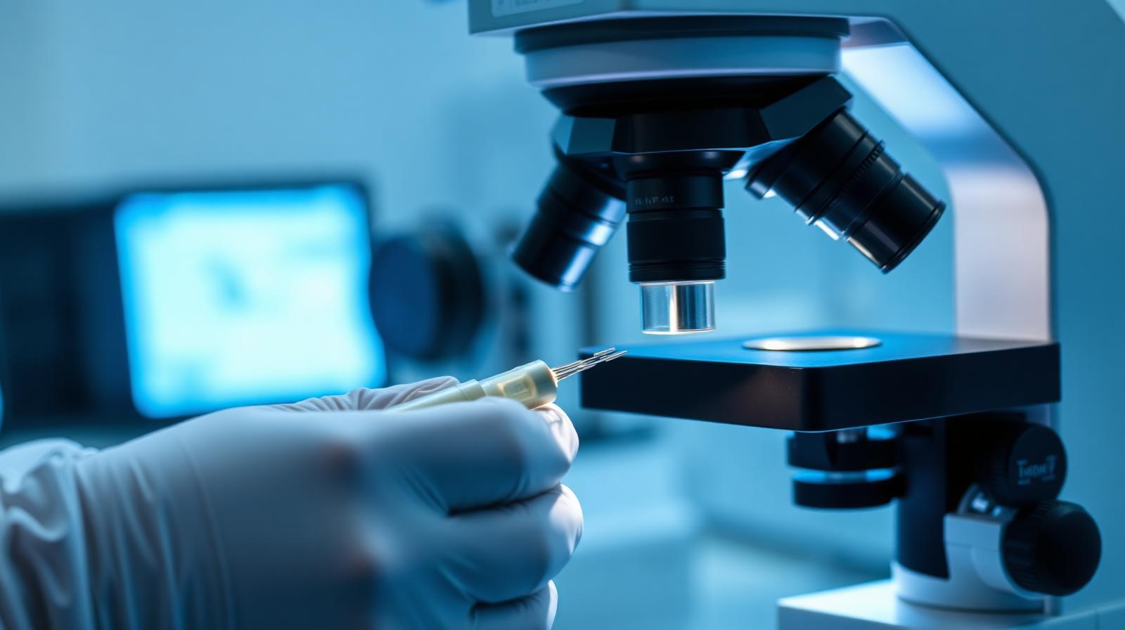 Embriologo che esegue la tecnica ICSI iniettando uno spermatozoo in un ovocita al microscopio in laboratorio di fecondazione assistita