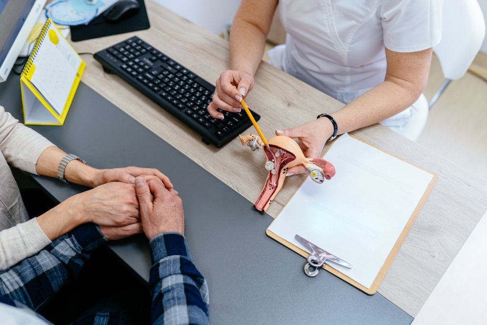 Specialista che spiega una procedura di inseminazione intrauterina IUI in ambulatorio ginecologico